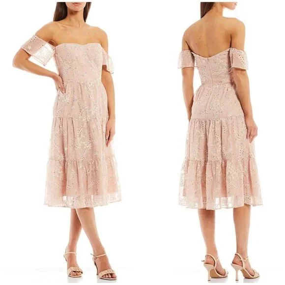 💕DRESS THE POPULATION💕 River Off the Shoulder Tiered Hem Dress ~ Blush XS NWT